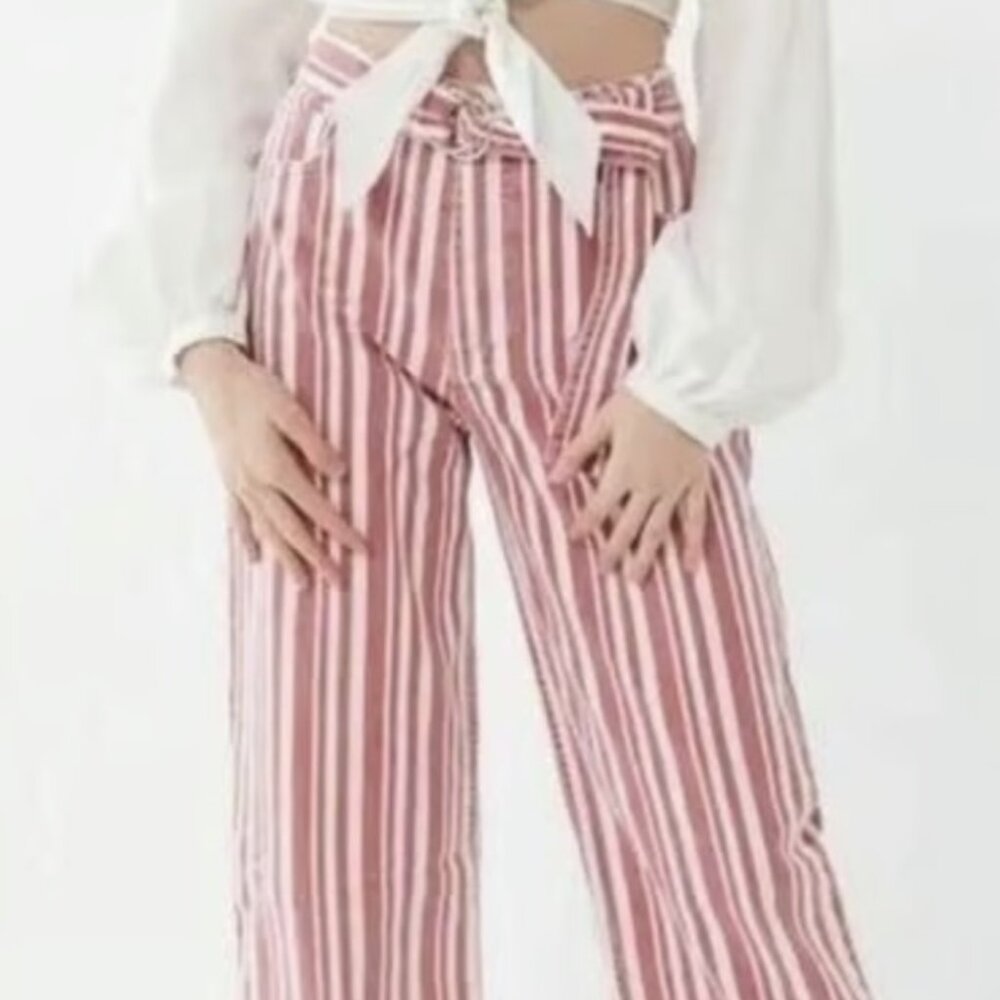 BDG Urban Outfitters Striped Wide‎ Leg Crop Pants Belted Red White Womens
